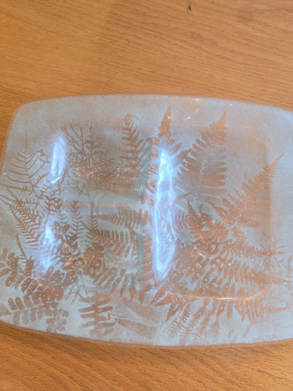 Edwin Walter Fused Studio Art Glass Abstract Bowl Fern Leaf Signed Mid Century